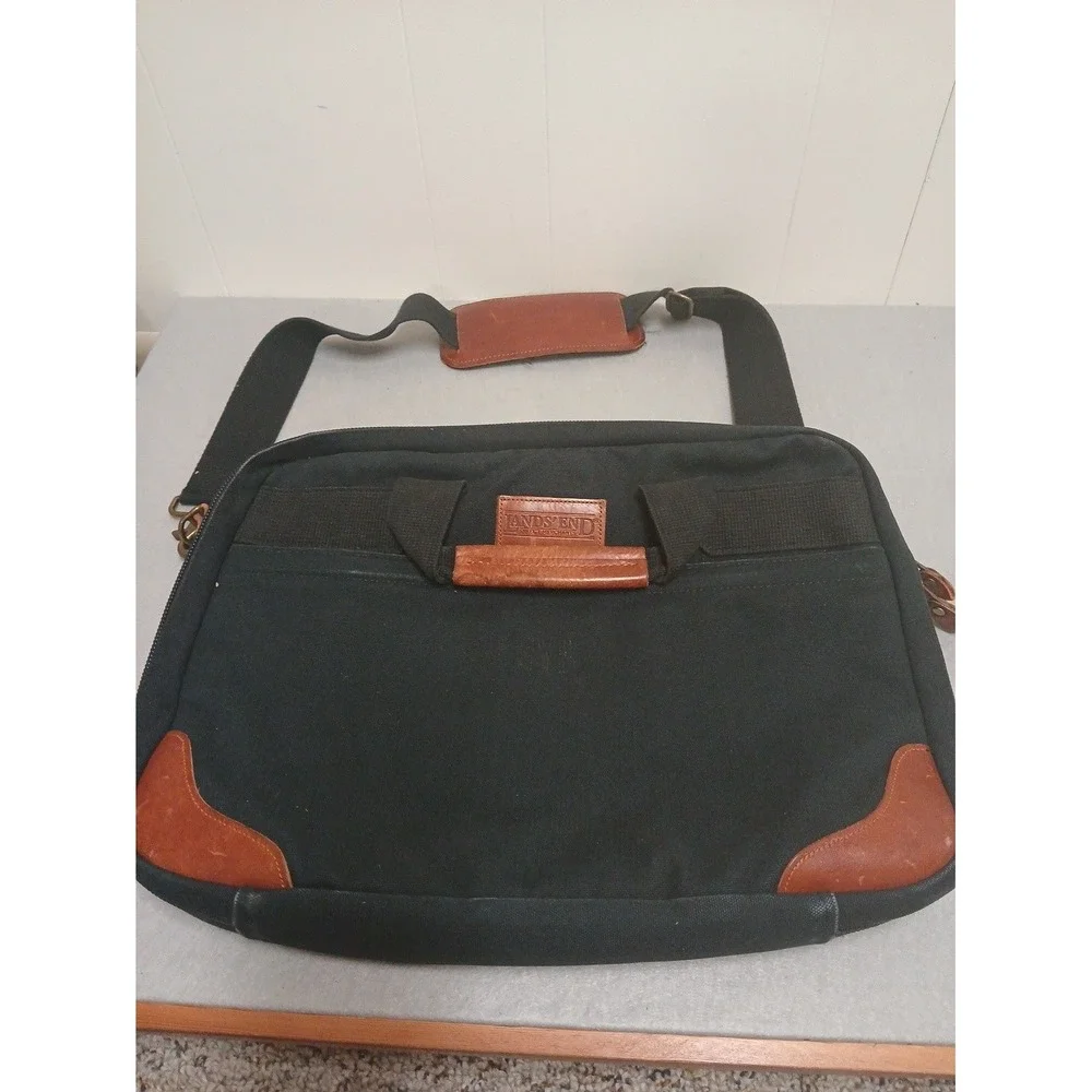 VTG Land's End Direct Merchants Black Canvas Leather Crossbody Laptop Bag